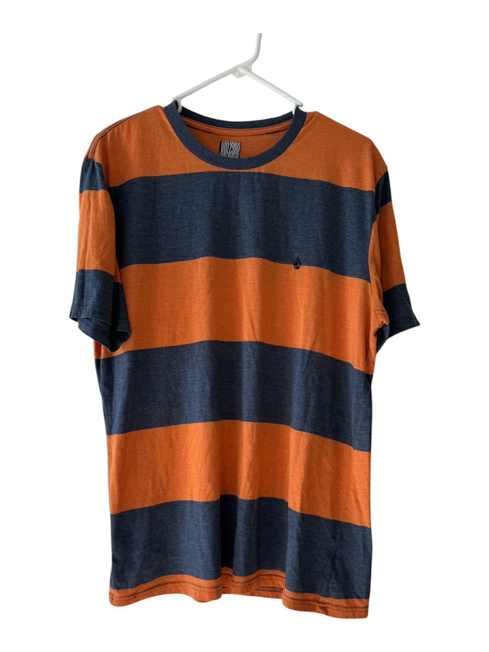 Volcom Classic Orange and Navy Striped Crewneck Short Sleeve T-Shirt Mens XL
